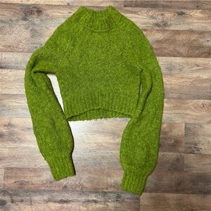 urban outfitters fuzzy olive green cropped mock neck sweater